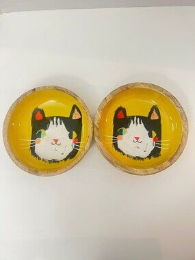 Danica Cat Meow Meow Bowls Set 2 Mango Wood Enamel Yellow Pet Food Small Dish